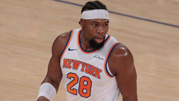 Oct 13, 2025; New York, New York, USA; New York Knicks forward Guerschon Yabusele (28) reacts after making a basket against the Washington Wizards during the first quarter at Madison Square Garden. Mandatory Credit: Vincent Carchietta-Imagn Images
