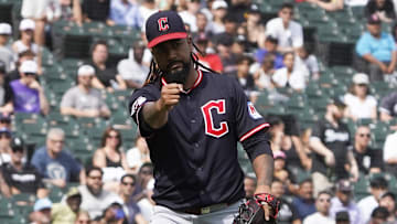 Jul 13, 2025; Chicago, Illinois, USA; Cleveland Guardians pitcher Emmanuel Clase (48) celebrates after getting the final out against the Chicago White Sox during the tenth inning at Rate Field. Mandatory Credit: David Banks-Imagn Images