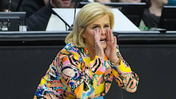 Mar 30, 2024; Albany, NY, USA; LSU Tigers head coach Kim Mulkey yells to her players on the court during the first half against the UCLA Bruins in the semifinals of the Albany Regional of the 2024 NCAA Tournament at MVP Arena. Mandatory Credit: Gregory Fisher-Imagn Images
