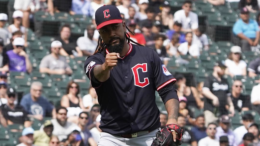 Jul 13, 2025; Chicago, Illinois, USA; Cleveland Guardians pitcher Emmanuel Clase (48) celebrates after getting the final out against the Chicago White Sox during the tenth inning at Rate Field. Mandatory Credit: David Banks-Imagn Images