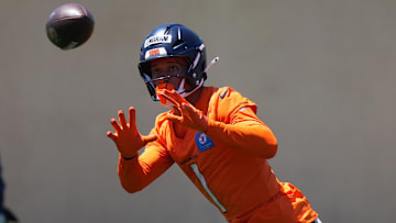 Jun 10, 2025; Denver, CO, USA; Denver Broncos tight end Evan Engram (1) during minicamp at Broncos Park Powered by CommonSpirit.