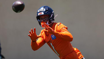Jun 10, 2025; Denver, CO, USA; Denver Broncos tight end Evan Engram (1) during minicamp at Broncos Park Powered by CommonSpirit.