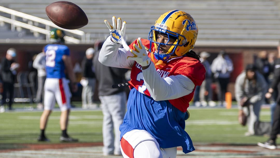 National Team linebacker Kyle Louis of Pittsburgh practices during National Senior Bowl practice.