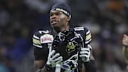 Dec 28, 2024; San Antonio, TX, USA; Colorado Buffaloes wide receiver Travis Hunter (12) reacts after a penalty is called during the second quarter against the Brigham Young Cougars at Alamodome. Mandatory Credit: Troy Taormina-Imagn Images