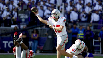 Sep 27, 2025; Seattle, Washington, USA; Ohio State Buckeyes quarterback Julian Sayin (10) passes against the Washington Huskies during the second quarter at Husky Stadium. Mandatory Credit: Joe Nicholson-Imagn Images