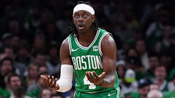 Apr 24, 2024; Boston, Massachusetts, USA; Boston Celtics guard Jrue Holiday (4) reacts after a foul call as they take on the Miami Heat in the second quarter during game two of the first round for the 2024 NBA playoffs at TD Garden. Mandatory Credit: David Butler II-Imagn Images
