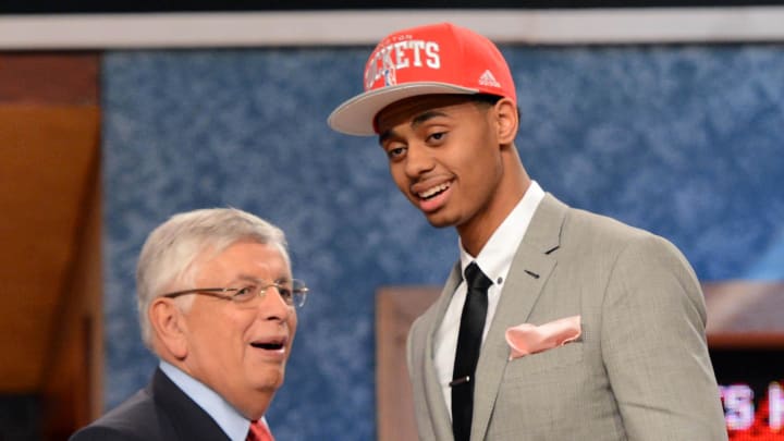 June 28, 2012; Newark, NJ, USA; Jeremy Lamb (Connecticut), right, is introduced as the number twelve overall pick to the Houston Rockets by NBA commissioner David Stern during the 2012 NBA Draft at the Prudential Center.  Mandatory Credit: Jerry Lai-USA TODAY Sports