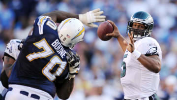 Nov 15, 2009; San Diego, CA, USA; Philadelphia Eagles quarterback Donovan McNabb (5) drops back to pass during the third quarter against the San Diego Chargers at Qualcomm Stadium. The Eagles lost 31-23.  Mandatory Credit: Christopher Hanewinckel-USA TODAY Sports