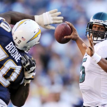 Nov 15, 2009; San Diego, CA, USA; Philadelphia Eagles quarterback Donovan McNabb (5) drops back to pass during the third quarter against the San Diego Chargers at Qualcomm Stadium. The Eagles lost 31-23.  Mandatory Credit: Christopher Hanewinckel-USA TODAY Sports