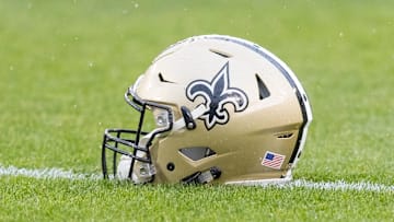 Oct 22, 2017; Green Bay, WI, USA; An New Orleans Saints helmet during warmups prior to the game against the Green Bay Packers at Lambeau Field. Mandatory Credit: Jeff Hanisch-Imagn Images