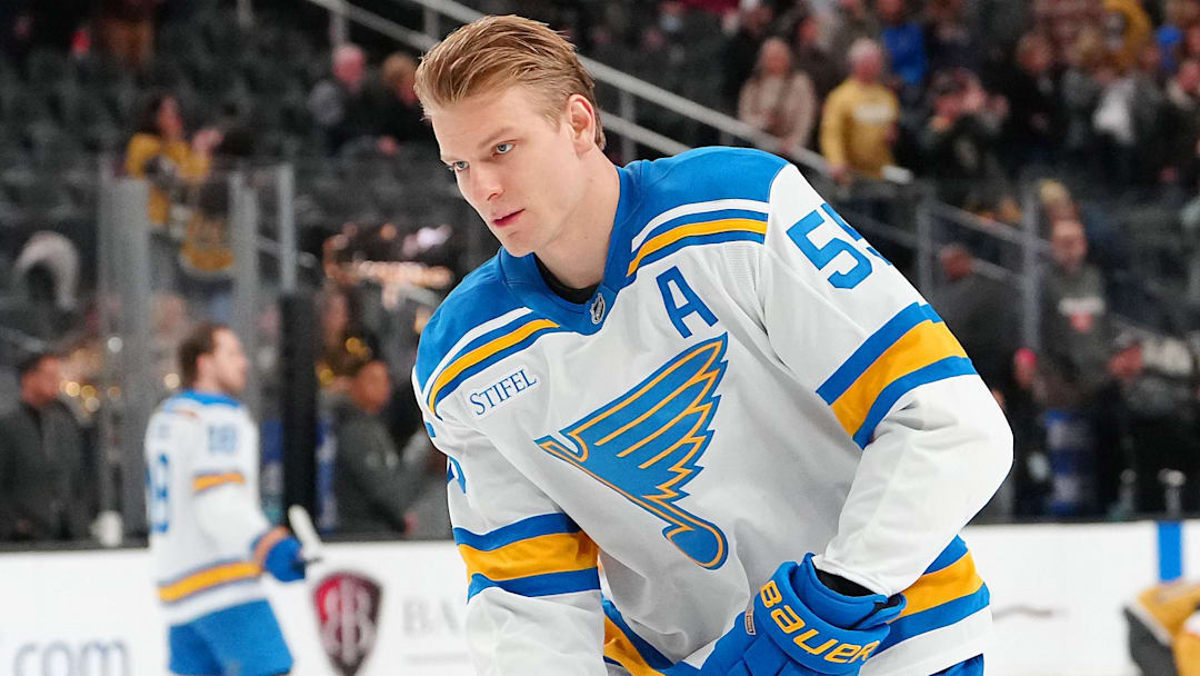Jan 10, 2026; Las Vegas, Nevada, USA; St. Louis Blues defenseman Colton Parayko (55) warms up before a game against the Vegas Golden Knights at T-Mobile Arena. Mandatory Credit: Stephen R. Sylvanie-Imagn Images