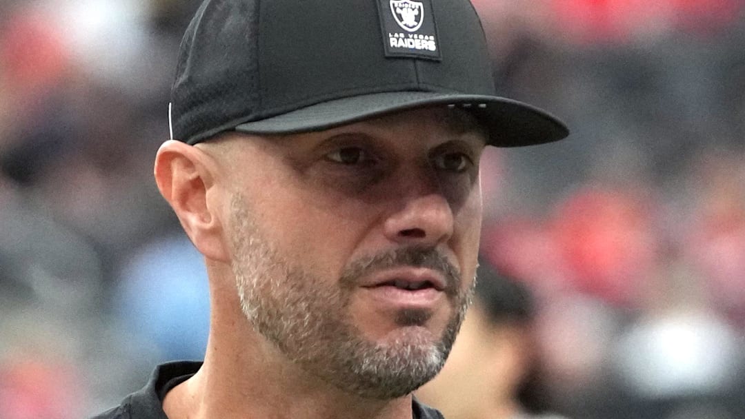 Jan 4, 2026; Paradise, Nevada, USA; Las Vegas Raiders general manager John Spytek reacts during the game against the Kansas City Chiefs at Allegiant Stadium. Mandatory Credit: Kirby Lee-Imagn Images