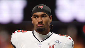Tampa Bay Buccaneers wide receiver Emeka Egbuka (2) looks on before the game against the Atlanta Falcons