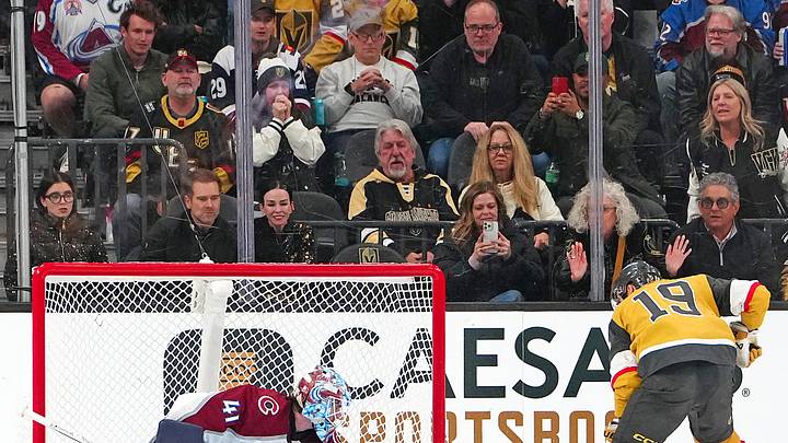 Dec 27, 2025; Las Vegas, Nevada, USA; Colorado Avalanche goaltender Scott Wedgewood (41) makes a save against Vegas Golden Knights right wing Reilly Smith (19) during a shoot out at T-Mobile Arena. Mandatory Credit: Stephen R. Sylvanie-Imagn Images