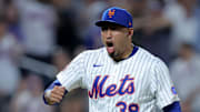 Jul 3, 2025; New York City, New York, USA; New York Mets relief pitcher Edwin Diaz (39) celebrates after defeating the Milwaukee Brewers at Citi Field. Mandatory Credit: Brad Penner-Imagn Images