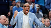 North Carolina head coach Hubert Davis reacts to a play against Michigan State during the first half of the NCAA tournament West Region second round at Spectrum Center in Charlotte, N.C. on Saturday, March 23, 2024.