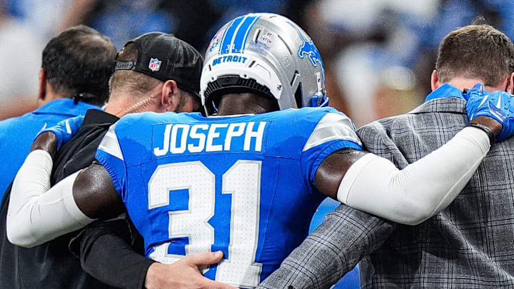 Detroit Lions safety Kerby Joseph (31) walks off the field due to an injury during the first half against the Browns