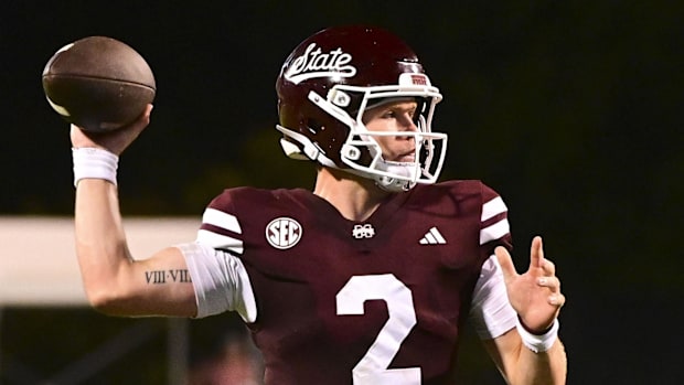 Mississippi State Bulldogs quarterback Blake Shapen (2) makes a pass against the Toledo Rockets during the fourth quarter.