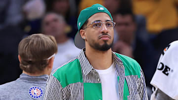 Indiana Pacers guard Tyrese Haliburton (0) on the sidelines against the Brooklyn Nets.