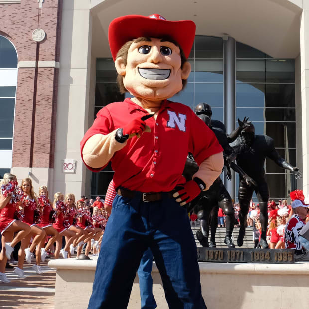 Herbie Husker outside Nebraska football's Memorial Stadium