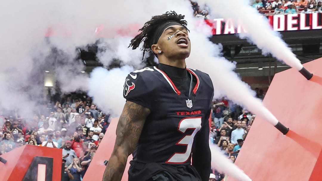 Dec 15, 2024; Houston Texans wide receiver Tank Dell (3) runs onto the field before the game against the Miami Dolphins at NRG Stadium. Mandatory Credit: Troy Taormina-Imagn Images
