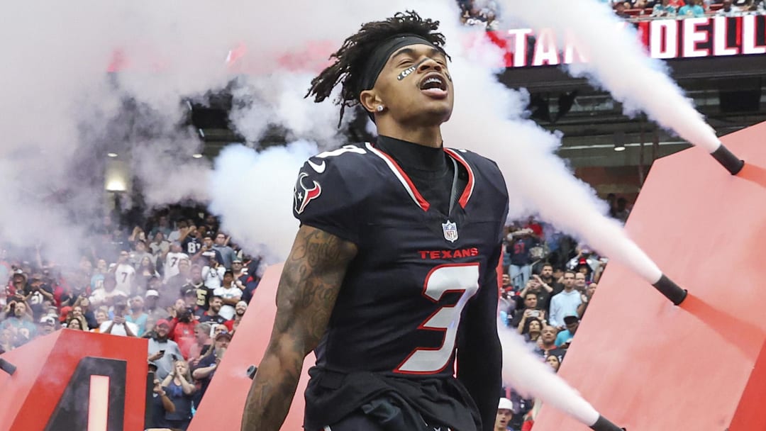 Dec 15, 2024; Houston Texans wide receiver Tank Dell (3) runs onto the field before the game against the Miami Dolphins at NRG Stadium. Mandatory Credit: Troy Taormina-Imagn Images