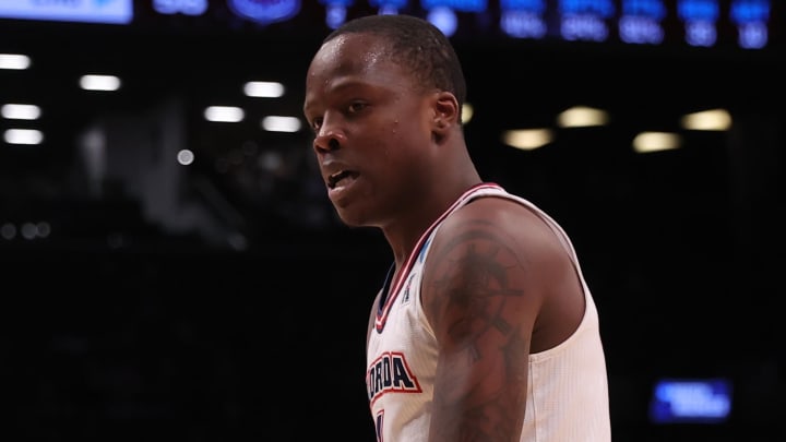 Florida Atlantic Owls guard Johnell Davis (1) reacts against the Northwestern Wildcats in the first round of the 2024 NCAA Tournament at the Barclays Center.