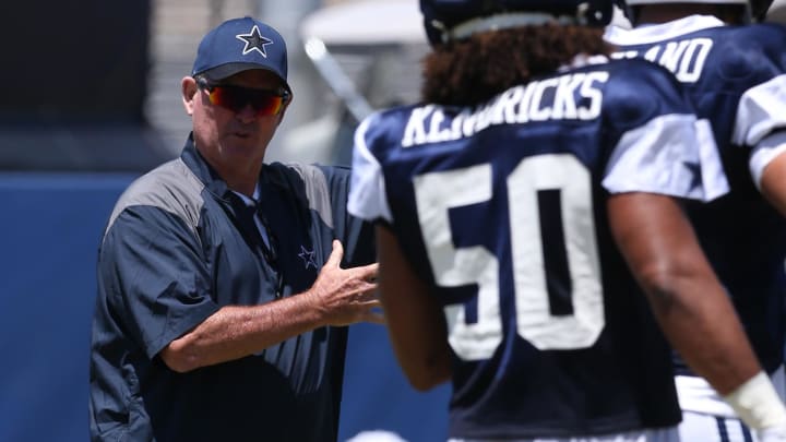 Jul 30, 2024; Oxnard, CA, USA; Dallas Cowboys defensive coordinator Mike Zimmer during training camp at the River Ridge Playing Fields in Oxnard, California. 