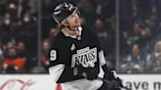 Los Angeles Kings right wing Adrian Kempe reacts after a shot attempt during a shootout against the Anaheim Ducks.