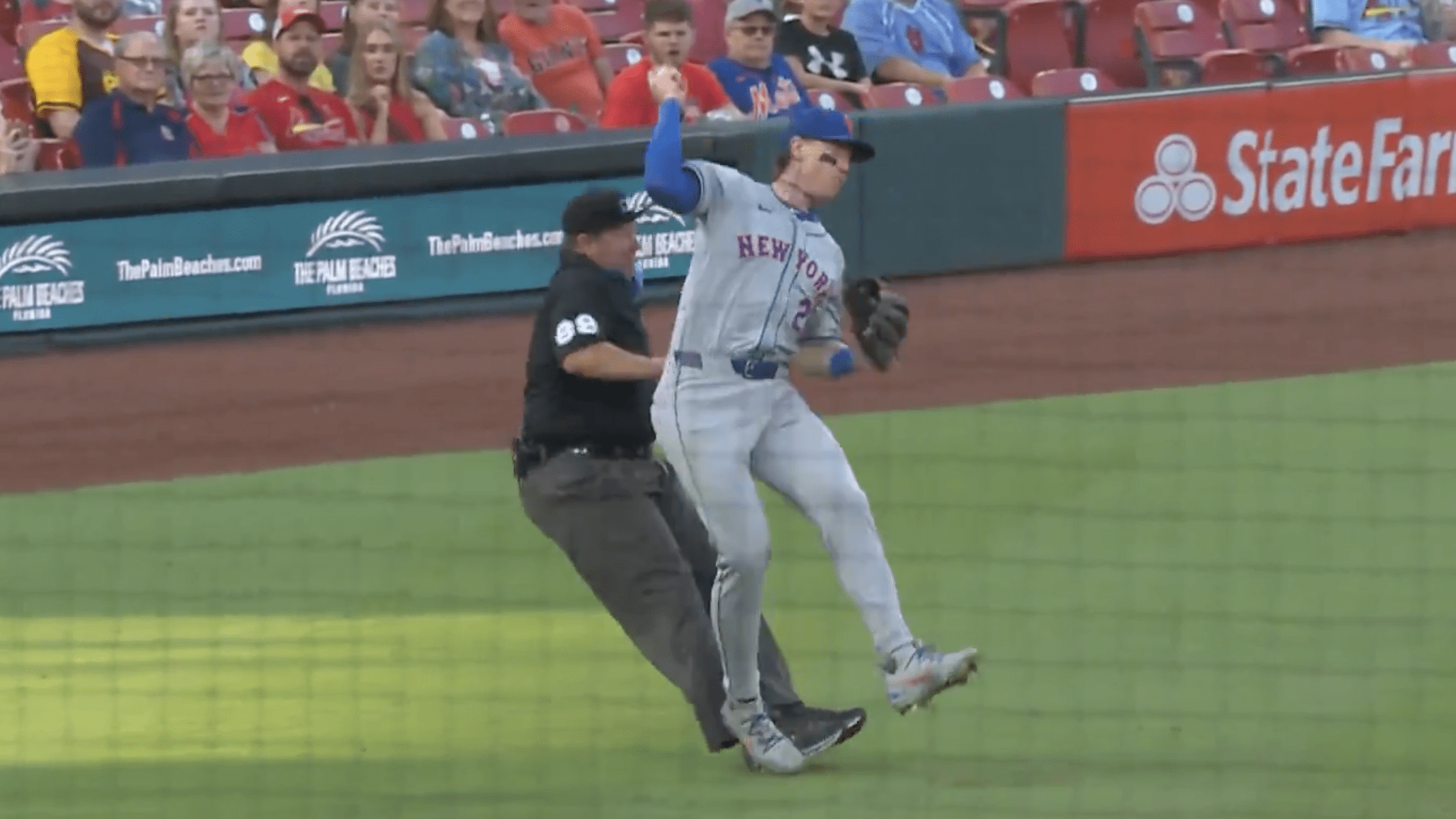 Mets’ Brett Baty Hilariously Fell Over an Umpire While Trying to Make a Throw