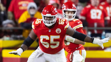 Jan 26, 2025; Kansas City, MO, USA; Kansas City Chiefs guard Trey Smith (65) against the Buffalo Bills in the AFC Championship game at GEHA Field at Arrowhead Stadium. Mandatory Credit: Mark J. Rebilas-Imagn Images
