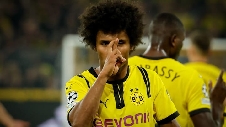 Karim Adeyemi celebrates a hat-trick vs. Celtic in the Champions League. Karim Adeyemi celebrates a hat-trick vs. Celtic in the Champions League.