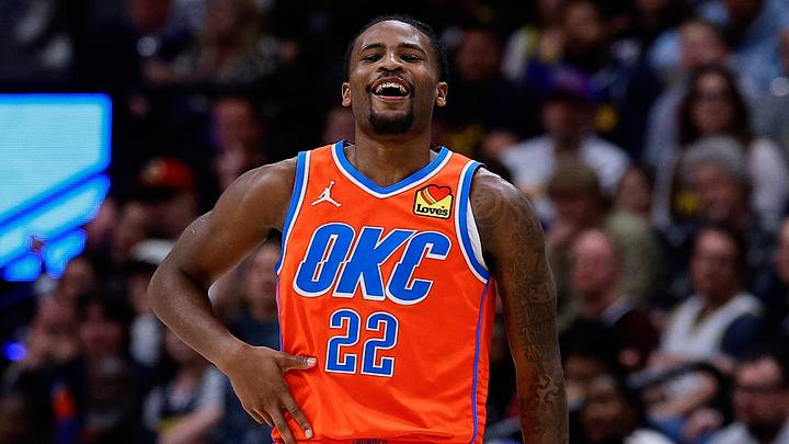 Feb 1, 2026; Denver, Colorado, USA; Oklahoma City Thunder guard Cason Wallace (22) reacts after a play in the third quarter against the Denver Nuggets at Ball Arena. Mandatory Credit: Isaiah J. Downing-Imagn Images