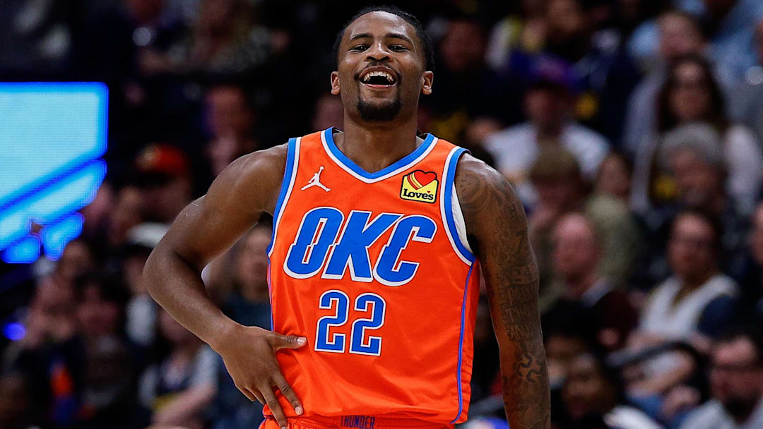 Feb 1, 2026; Denver, Colorado, USA; Oklahoma City Thunder guard Cason Wallace (22) reacts after a play in the third quarter against the Denver Nuggets at Ball Arena. Mandatory Credit: Isaiah J. Downing-Imagn Images