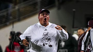Texas A&M head coach Mike Elko reacts to an overturned targeting call against the Texas Longhorns during the Lone Star Showdown at Kyle Field