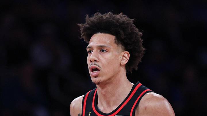 Atlanta Hawks forward Jalen Johnson (1) reacts after a basket during the second half of the 2026 NBA Playoffs against the New York Knicks at Madison Square Garden on April 18, 2026.