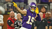 Sep 14, 2025; Minneapolis, Minnesota, USA; Minnesota Vikings wide receiver Adam Thielen (19) celebrates first down during the first half Atlanta Falcons at U.S. Bank Stadium. Mandatory Credit: Matt Krohn-Imagn Images