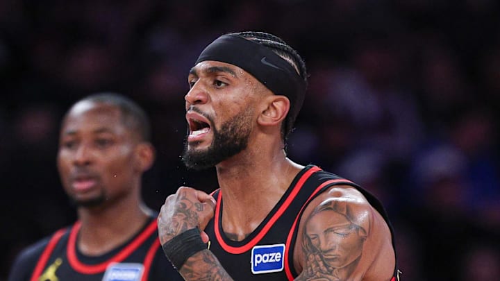 Atlanta Hawks guard Nickeil Alexander-Walker (7) reacts after a basket during the second half of the 2026 NBA Playoffs against the New York Knicks at Madison Square Garden on April 18, 2026.