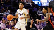 Nov 29, 2024; Baton Rouge, Louisiana, USA;  LSU Tigers guard Vyctorius Miller (0) dribbles against the Northwestern State Demons during the first half at Pete Maravich Assembly Center. Mandatory Credit: Stephen Lew-Imagn Images