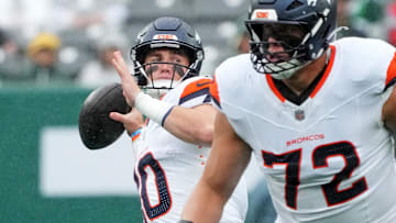 Sep 29, 2024; East Rutherford, New Jersey, USA;  Denver Broncos quarterback Bo Nix (10) throws a pass during the first quarter against the New York Jets at MetLife Stadium. 