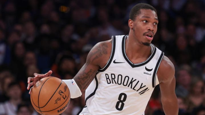 Apr 12, 2024; New York, New York, USA; Brooklyn Nets guard Lonnie Walker IV (8) dribbles up court during the first half against the New York Knicks at Madison Square Garden. Mandatory Credit: Vincent Carchietta-Imagn Images