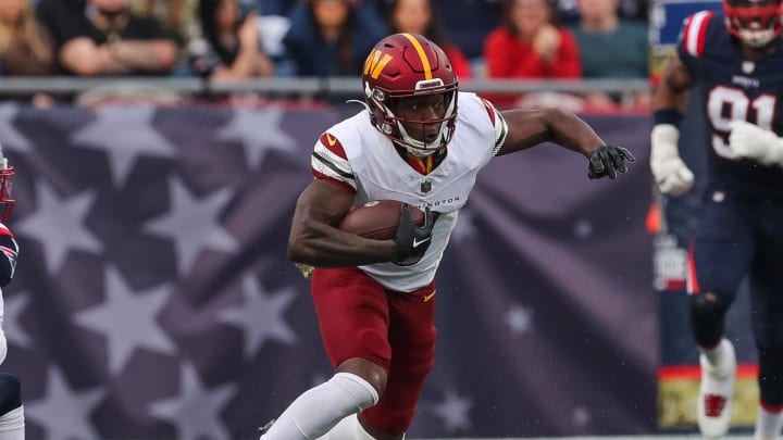 Nov 5, 2023; Foxborough, Massachusetts, USA; Washington Commanders receiver Byron Pringle (3) runs after a catch during the first half against the New England Patriots at Gillette Stadium. Mandatory Credit: Paul Rutherford-USA TODAY Sports