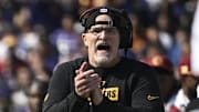 Oct 13, 2024; Baltimore, Maryland, USA;  Washington Commanders head coach Dan Quinn  reacts during the first half against the Baltimore Ravens at M&T Bank Stadium. Mandatory Credit: Tommy Gilligan-Imagn Images
