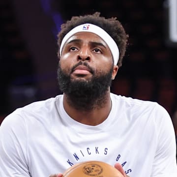May 10, 2025; New York, New York, USA; New York Knicks center Mitchell Robinson (23) warms up prior to game three of the second round for the 2025 NBA Playoffs against the Boston Celtics at Madison Square Garden. Mandatory Credit: Wendell Cruz-Imagn Images