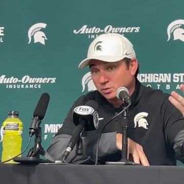 Michigan State head coach Jonathan Smith speaks to the media following a 45-31 loss to USC on Sept. 20, 2025.