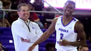MTSU head coach Nick McDevitt with MTSU guard Jestin Porter (3) on the sidelines during the game against Brescia on Monday, Nov. 7, 2022, at MTSU's Murphy Center.

17 Mtsu Men Vs Brescia Hoops
