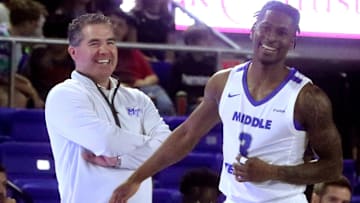 MTSU head coach Nick McDevitt with MTSU guard Jestin Porter (3) on the sidelines during the game against Brescia on Monday, Nov. 7, 2022, at MTSU's Murphy Center.

17 Mtsu Men Vs Brescia Hoops