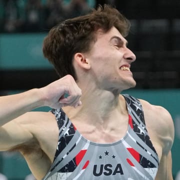 Stephen Nedoroscik reacts after he performs on the pommel horse during the men’s team final of the 2024 Paris Olympics. 