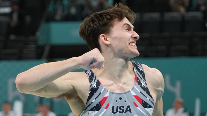 Stephen Nedoroscik reacts after he performs on the pommel horse during the men’s team final of the 2024 Paris Olympics. 