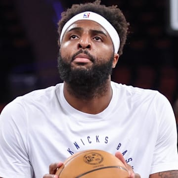 May 10, 2025; New York, New York, USA; New York Knicks center Mitchell Robinson (23) warms up prior to game three of the second round for the 2025 NBA Playoffs against the Boston Celtics at Madison Square Garden. Mandatory Credit: Wendell Cruz-Imagn Images